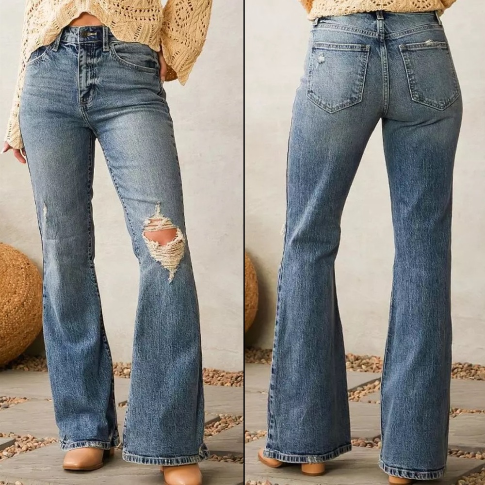 Willow & Root The Vintage Flared Out Flare Jean Distressed High Rise Retro